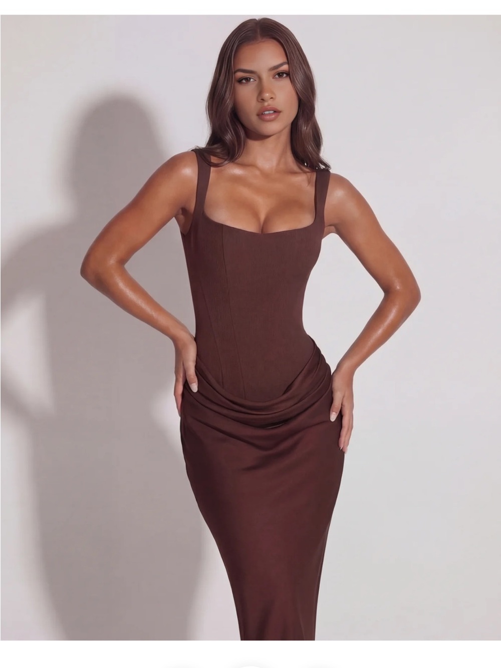 Elegant Brown Midi Dress with Square Neck
